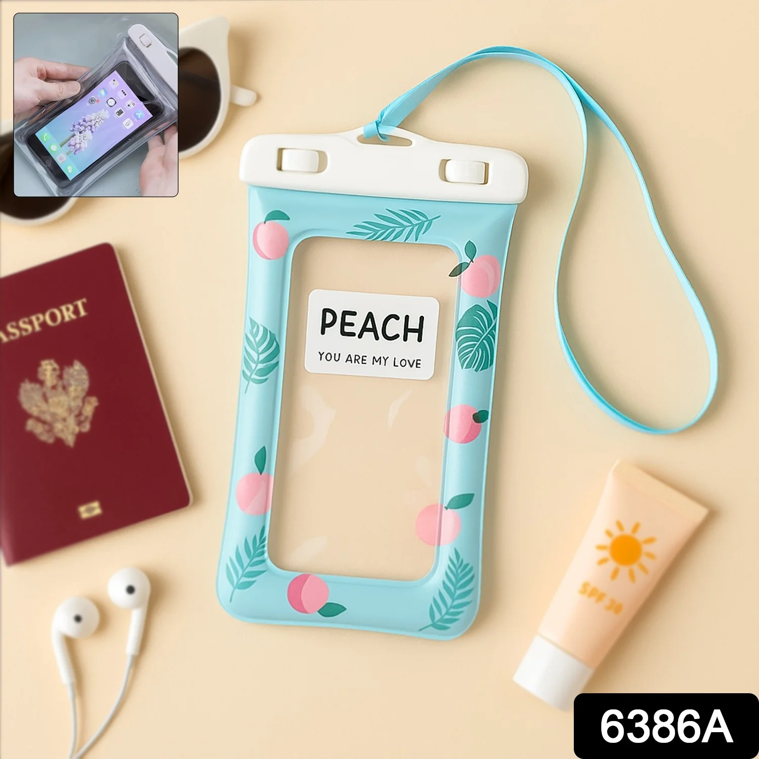 Waterproof Peach Transparent Mobile Pouch with Neck Strap (1 Pc) - Image 2