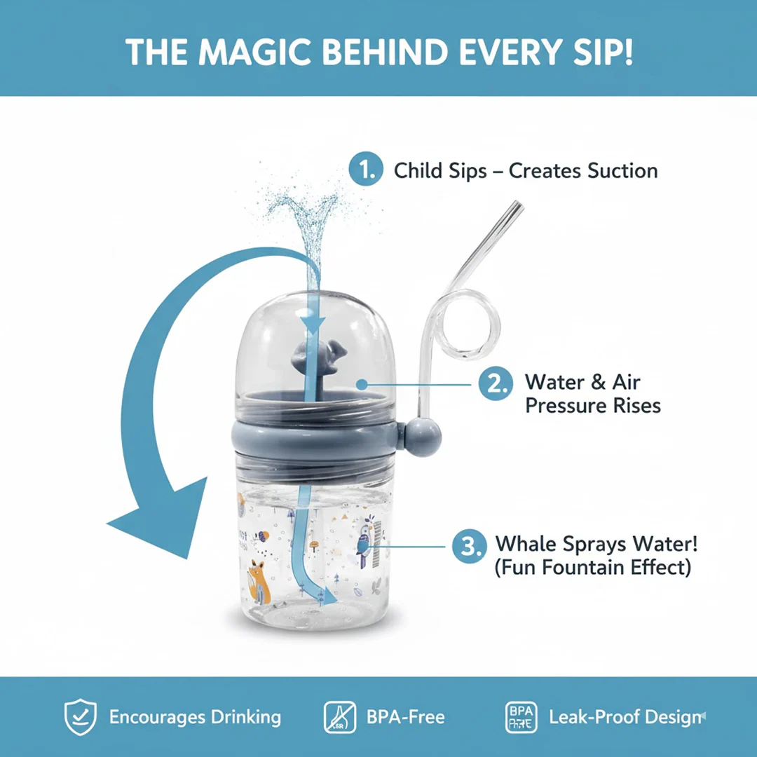 Whale Spray Sippy Cup (1 Pc): Straw, Lid, Spill-Proof, Fun Water Play - Image 3