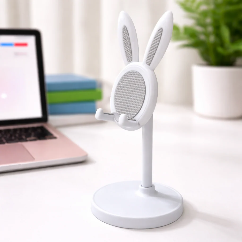 White Adjustable Bunny Ear Mobile Phone Stand Holder for Desk & Table - Image 2