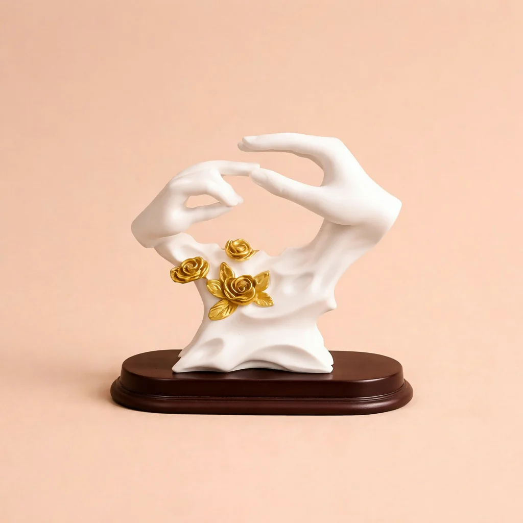 White and Gold Abstract Hand Sculpture Showpiece with Floral Design for Home Decor - Image 3
