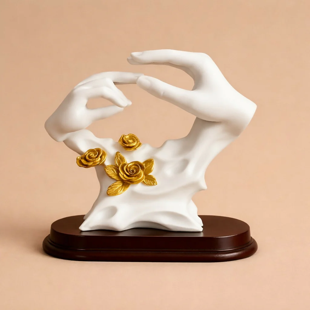 White and Gold Abstract Hand Sculpture Showpiece with Floral Design for Home Decor - Image 4