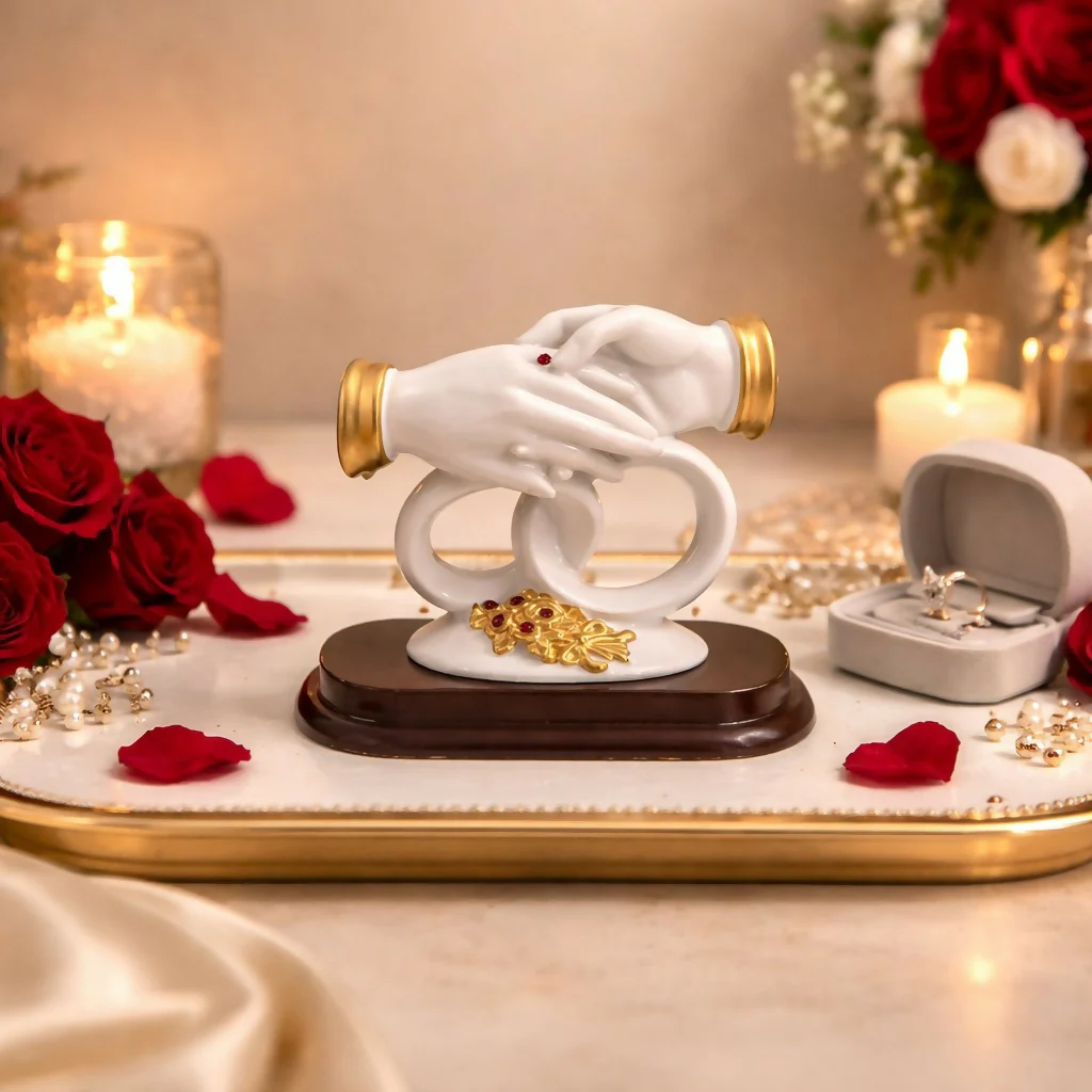 White and Gold Couple Hand Sculpture Showpiece with Ring Design Home Decor - Image 2