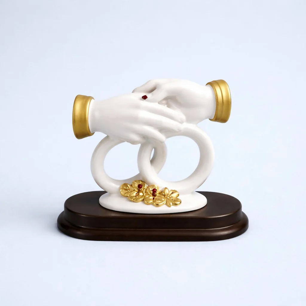 White and Gold Couple Hand Sculpture Showpiece with Ring Design Home Decor - Image 4