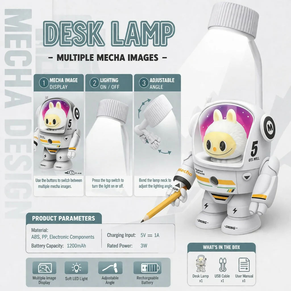 White Astronaut Desk Lamp with Pencil Sharpener and LED Light - Image 5
