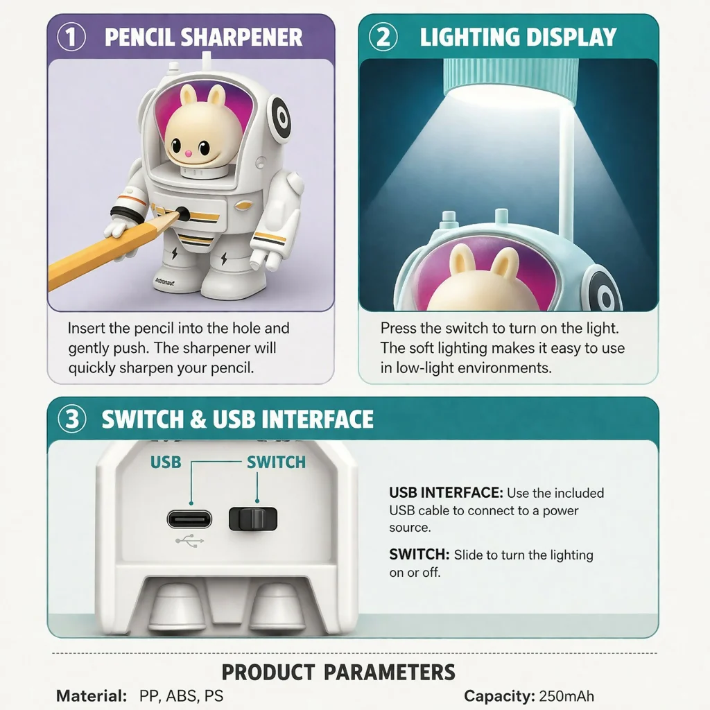 White Astronaut Desk Lamp with Pencil Sharpener and LED Light - Image 6