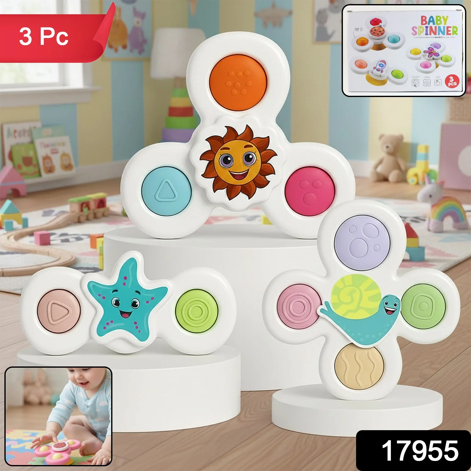 White Baby Spinner Toy Set – Sensory Suction Spin Toys (3 Pc Set) - Image 2