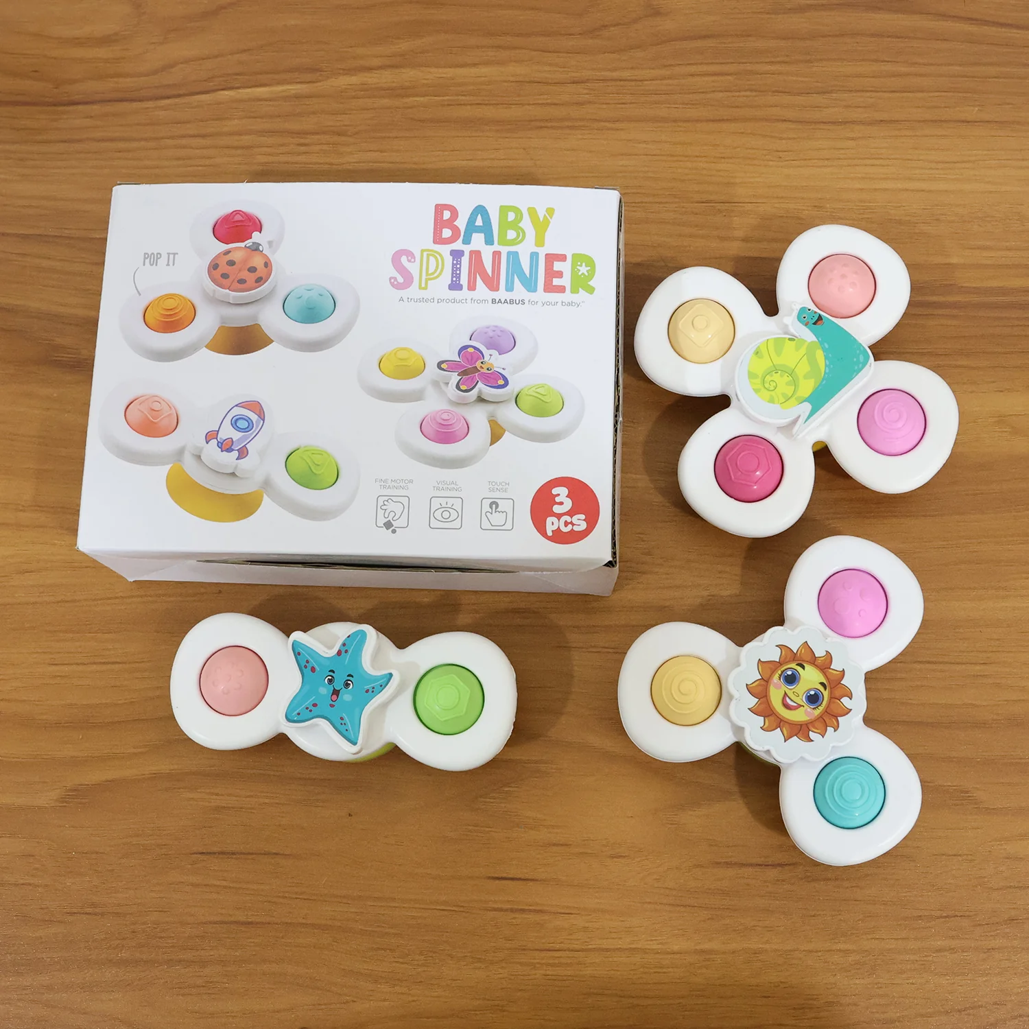 White Baby Spinner Toy Set – Sensory Suction Spin Toys (3 Pc Set) - Image 9