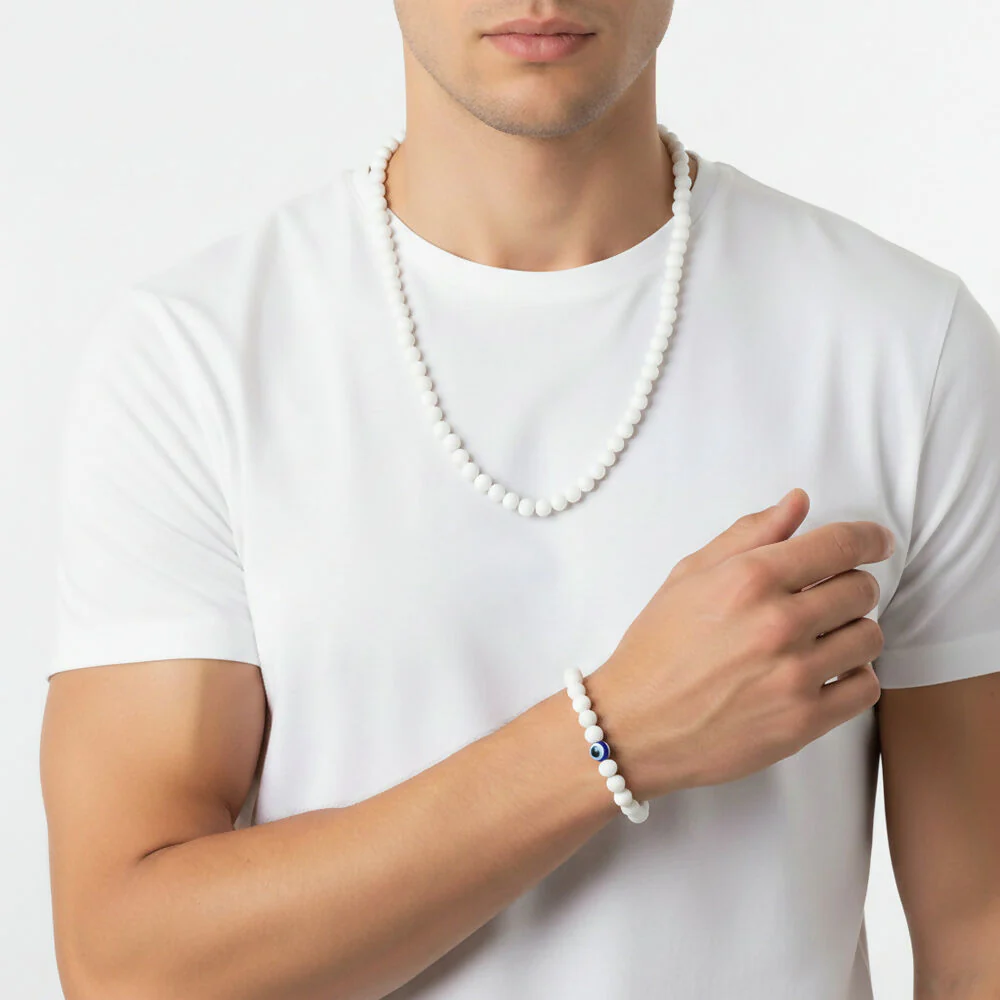 White Beads Necklace & Evil Eye Bracelet Combo - Image 2