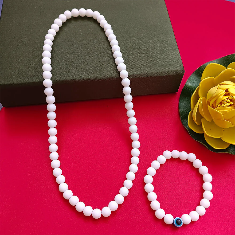White Beads Necklace & Evil Eye Bracelet Combo - Image 3