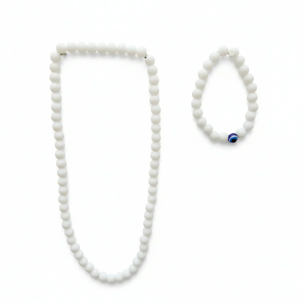White Beads Necklace & Evil Eye Bracelet Combo - Image 4