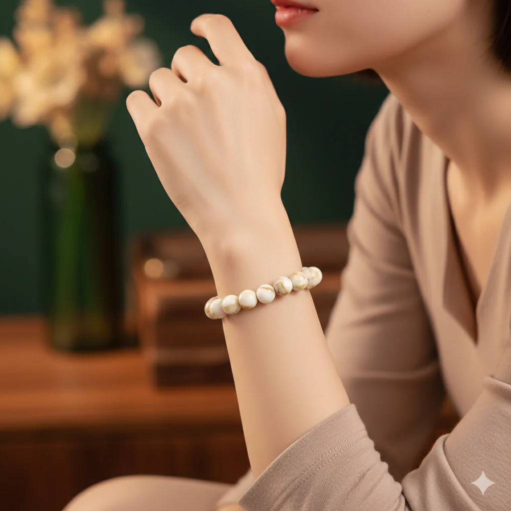 White & Beige Marble Finish Beaded Elastic Bracelet - Image 2