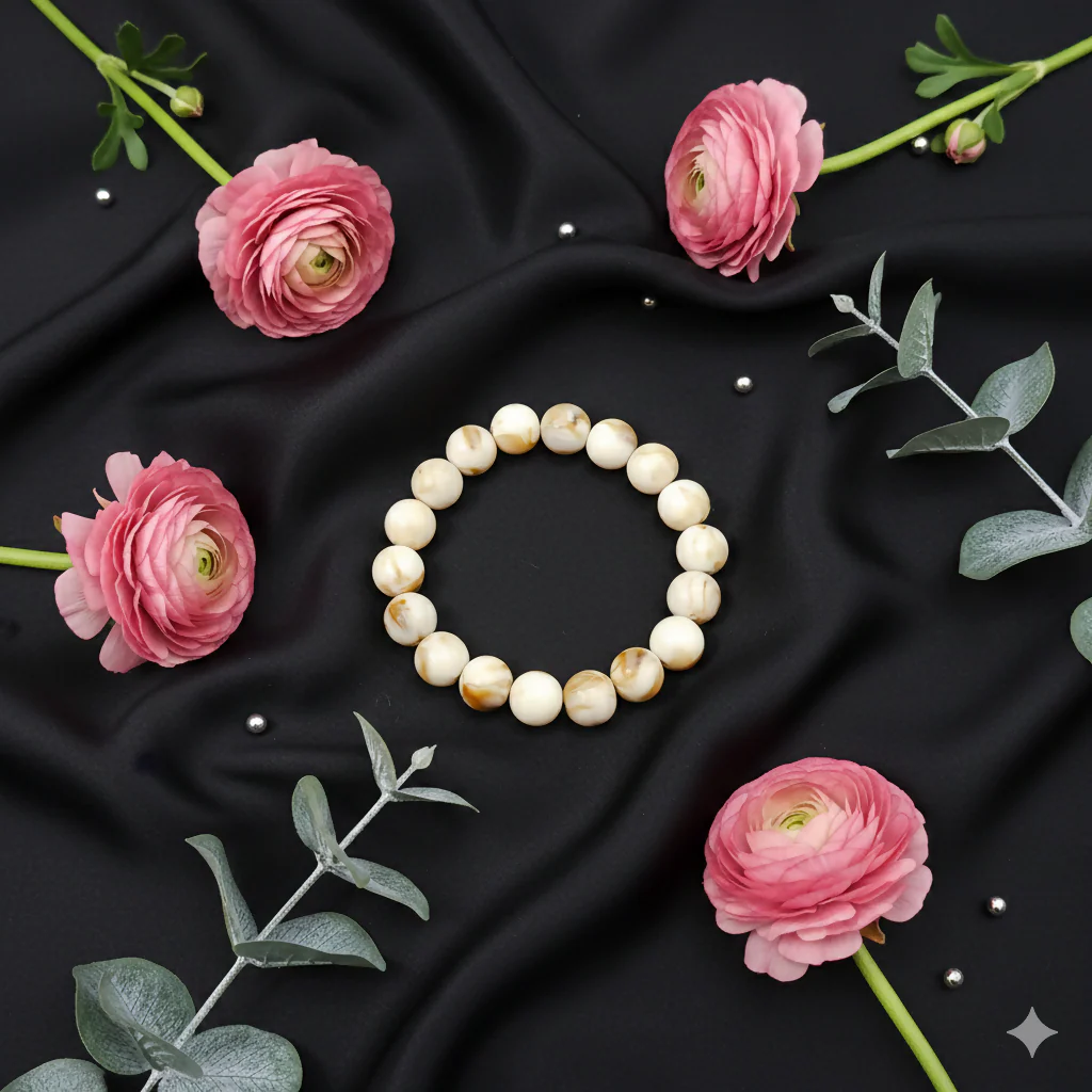 White & Beige Marble Finish Beaded Elastic Bracelet - Image 3