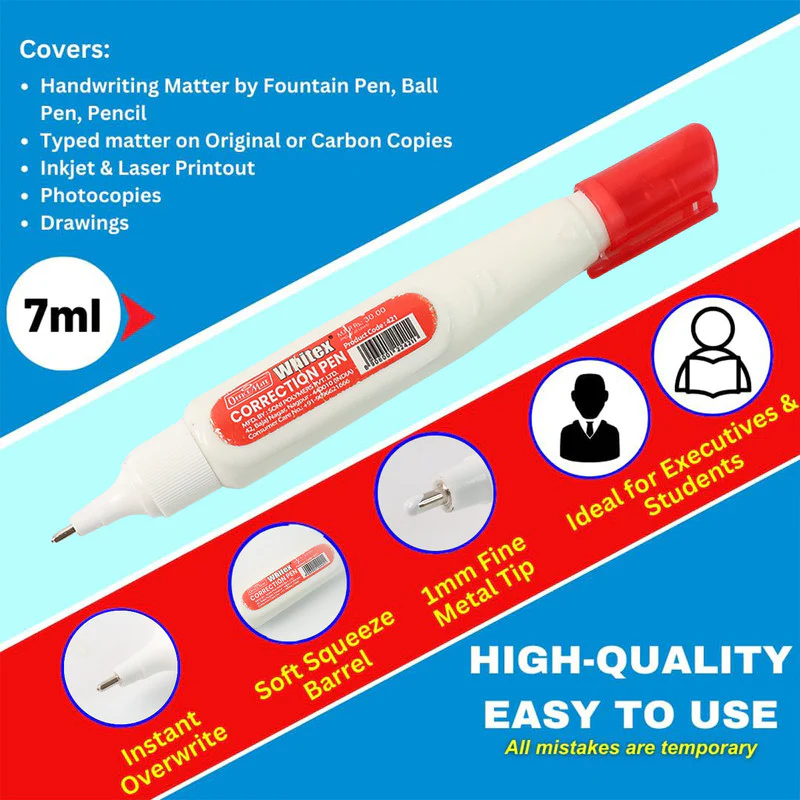 White Correction Pen 7ml – Fine Metal Tip, Quick Dry, Smooth Coverage for Office - Image 2