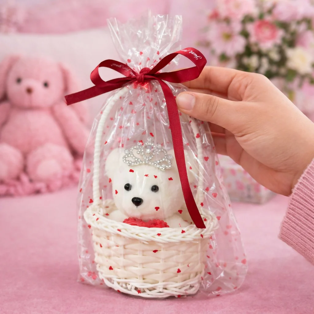 White Cute Teddy Basket Gift Set with Crown Decorative Showpiece - Image 2