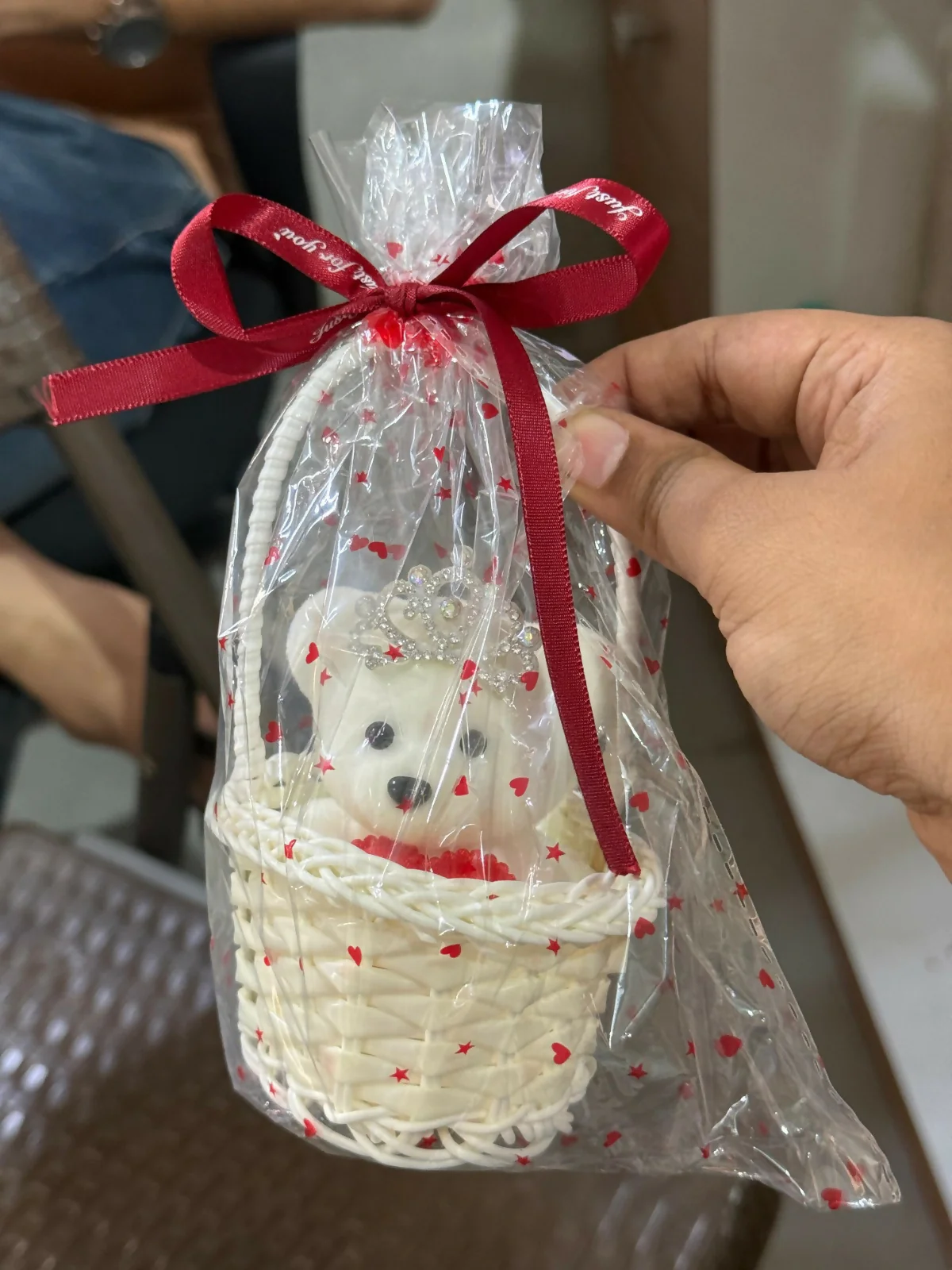White Cute Teddy Basket Gift Set with Crown Decorative Showpiece - Image 5