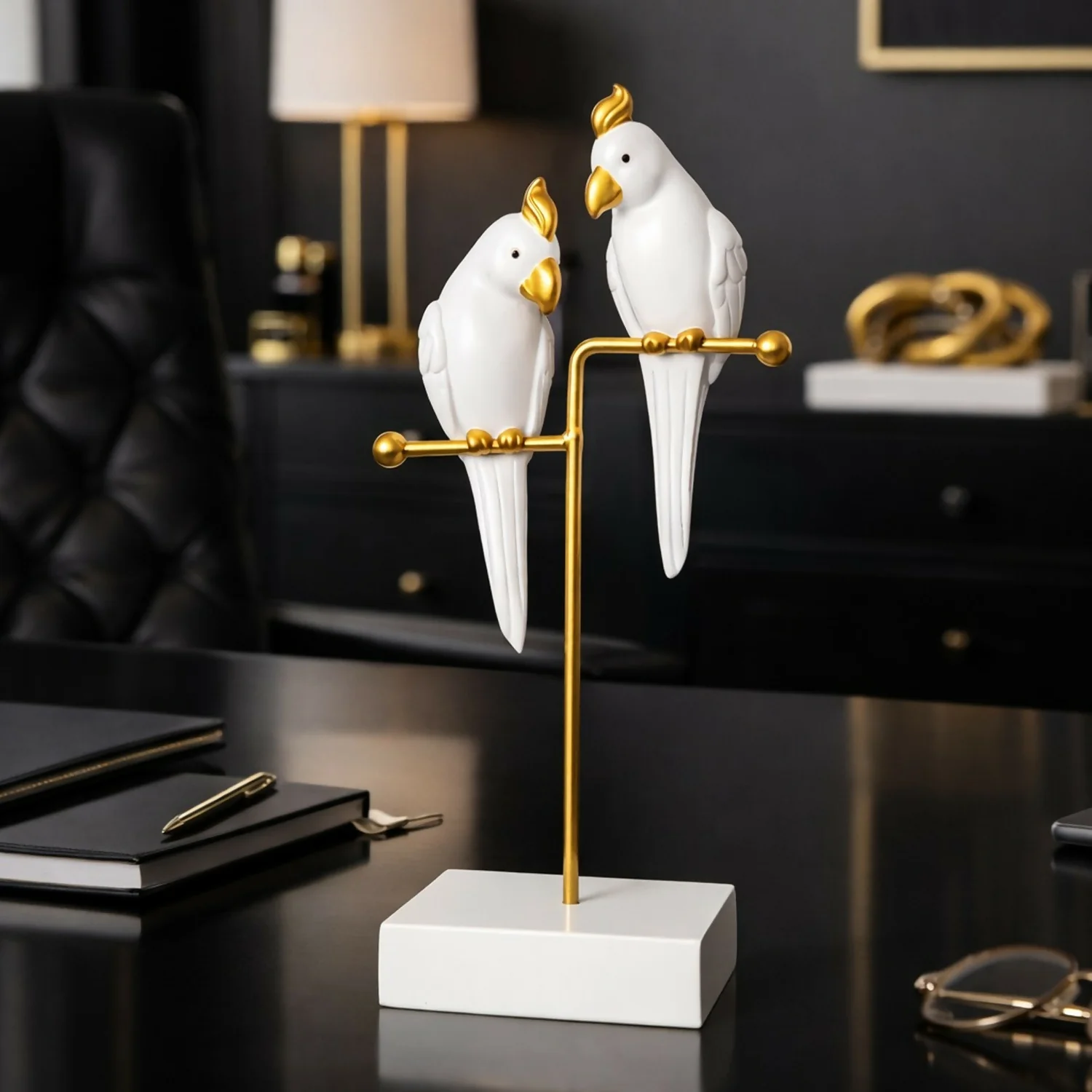 White & Gold Love Birds Decorative poly-resin Showpiece for Home & Office Décor