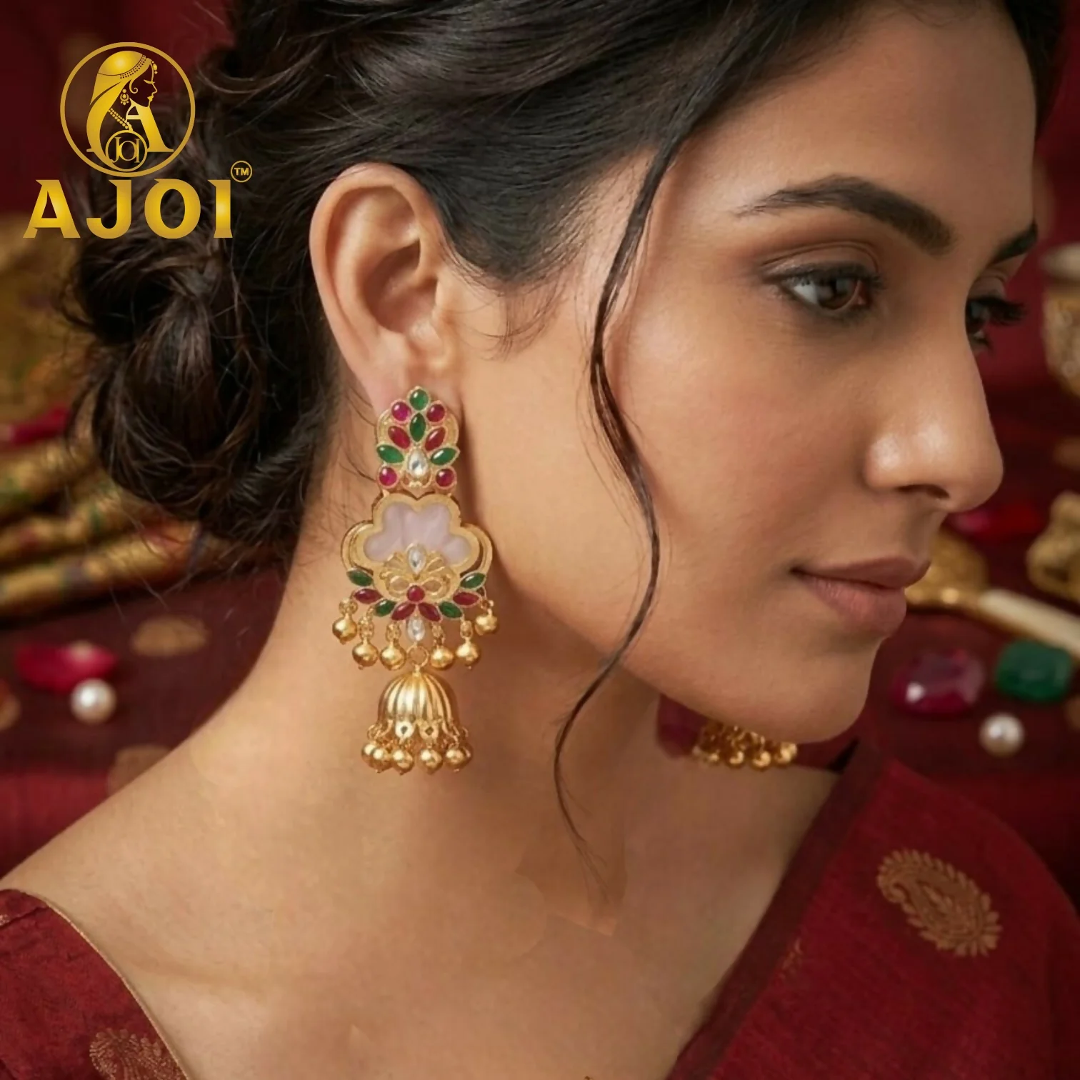 White Kundan Floral Jhumka Earrings with Stone Work Traditional Ethnic Design - Image 2