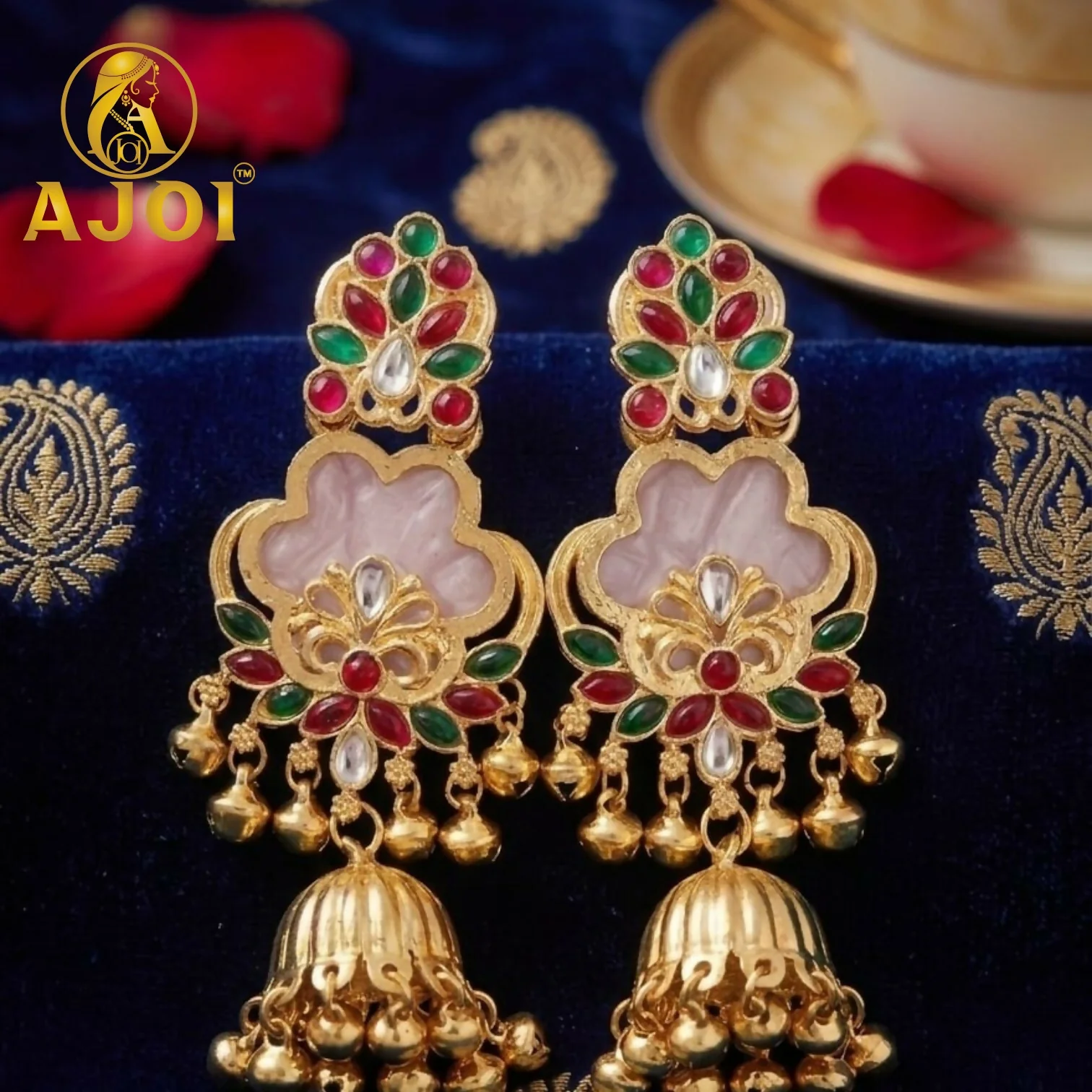 White Kundan Floral Jhumka Earrings with Stone Work Traditional Ethnic Design - Image 3