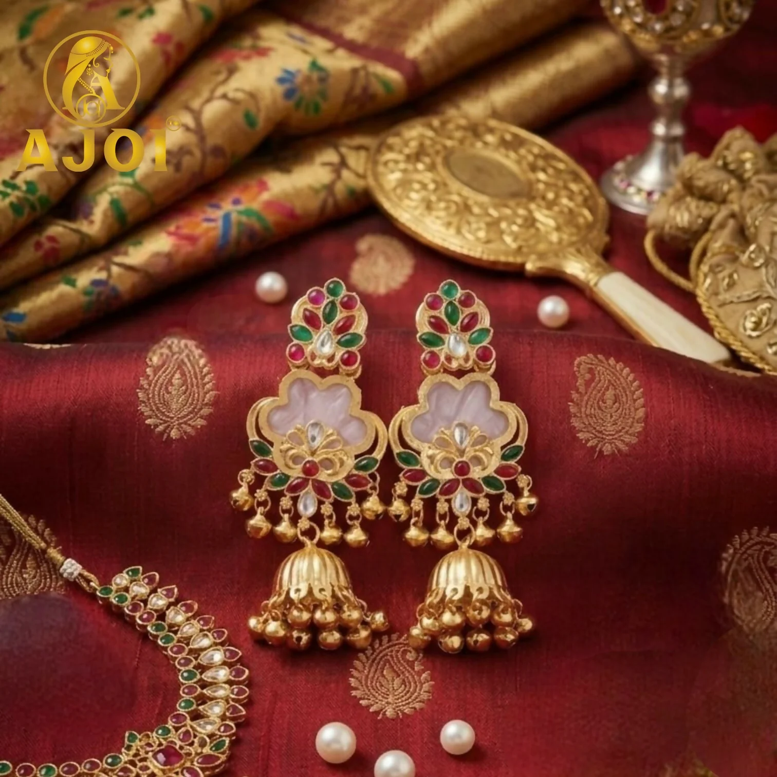 White Kundan Floral Jhumka Earrings with Stone Work Traditional Ethnic Design - Image 4