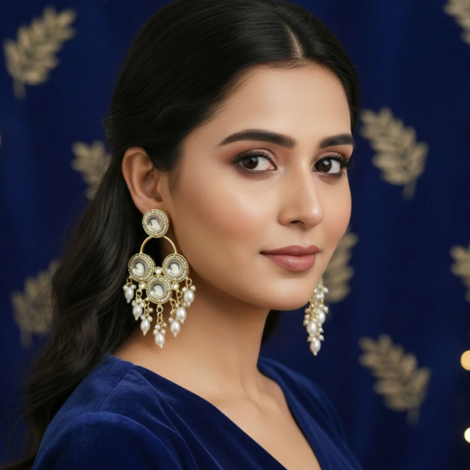 White Kundan & Pearl Drop Traditional Chandbali Earrings - Image 2
