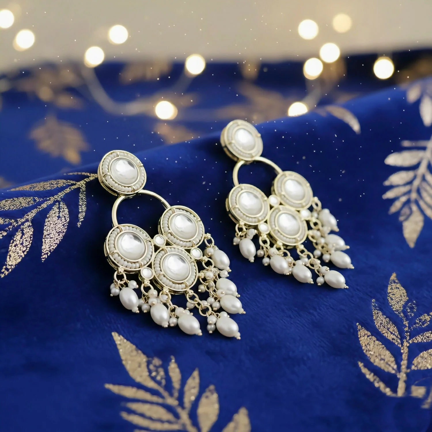 White Kundan & Pearl Drop Traditional Chandbali Earrings - Image 3