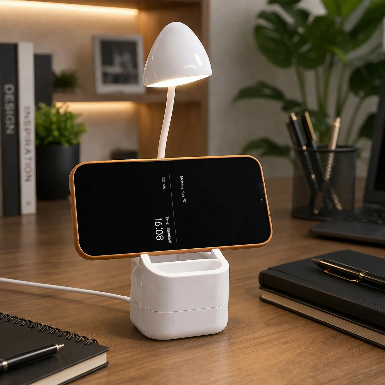 White LED Desk Lamp with Mobile Stand & Pen Holder, USB Charging Light - Image 2
