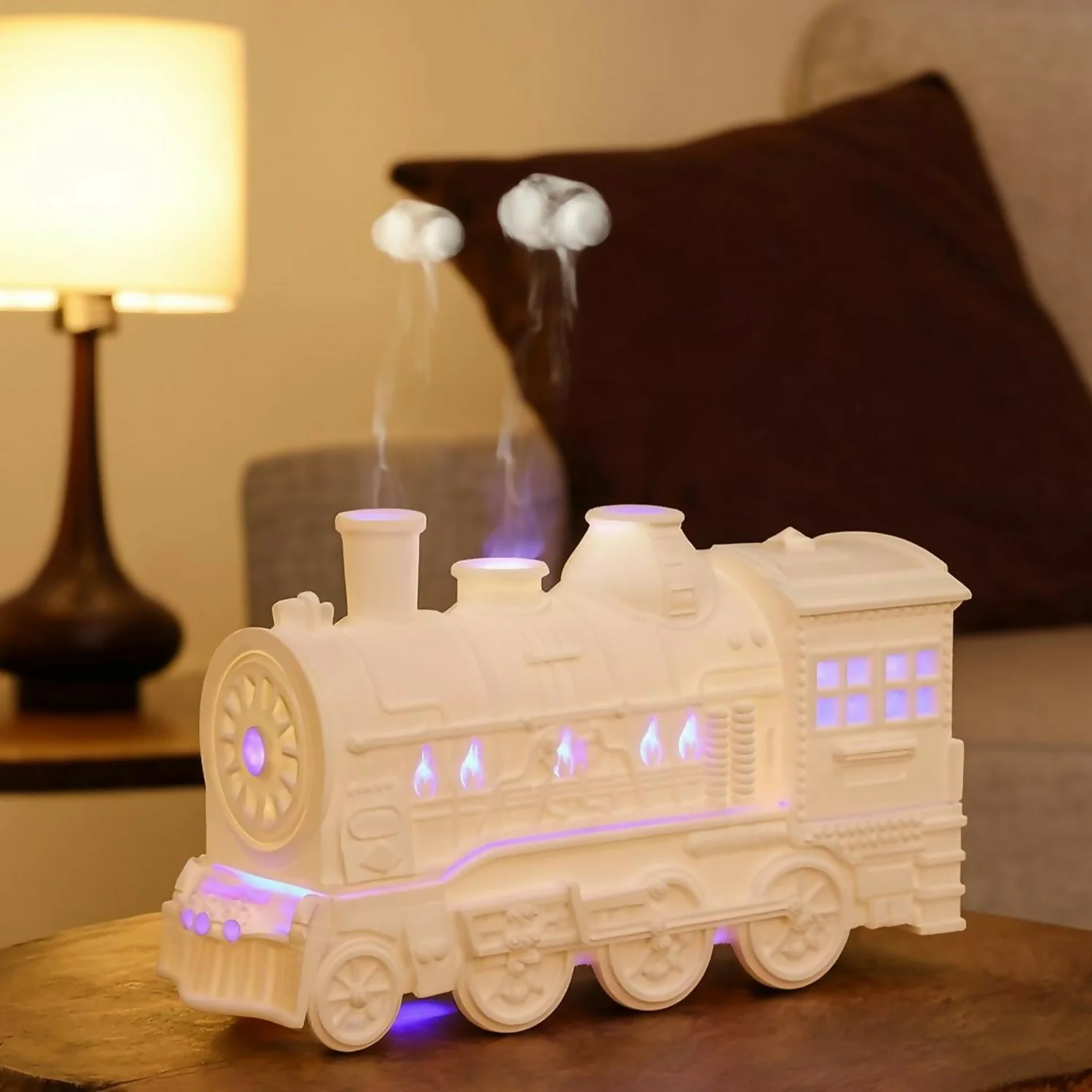 White Train Aroma Diffuser with Double Mist, LED Flames & Timer Modes - Image 2