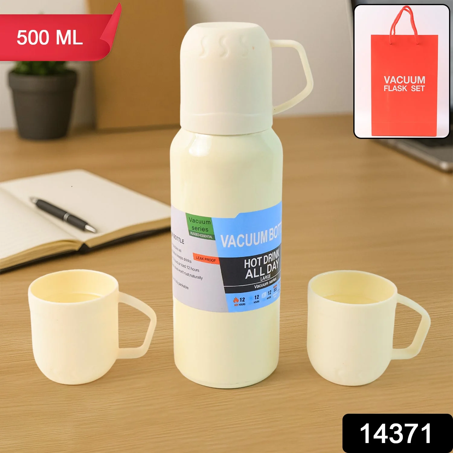 White Vacuum Flask Set – Stainless Steel Thermos with 3 Cups, Approx 500ml - Image 2