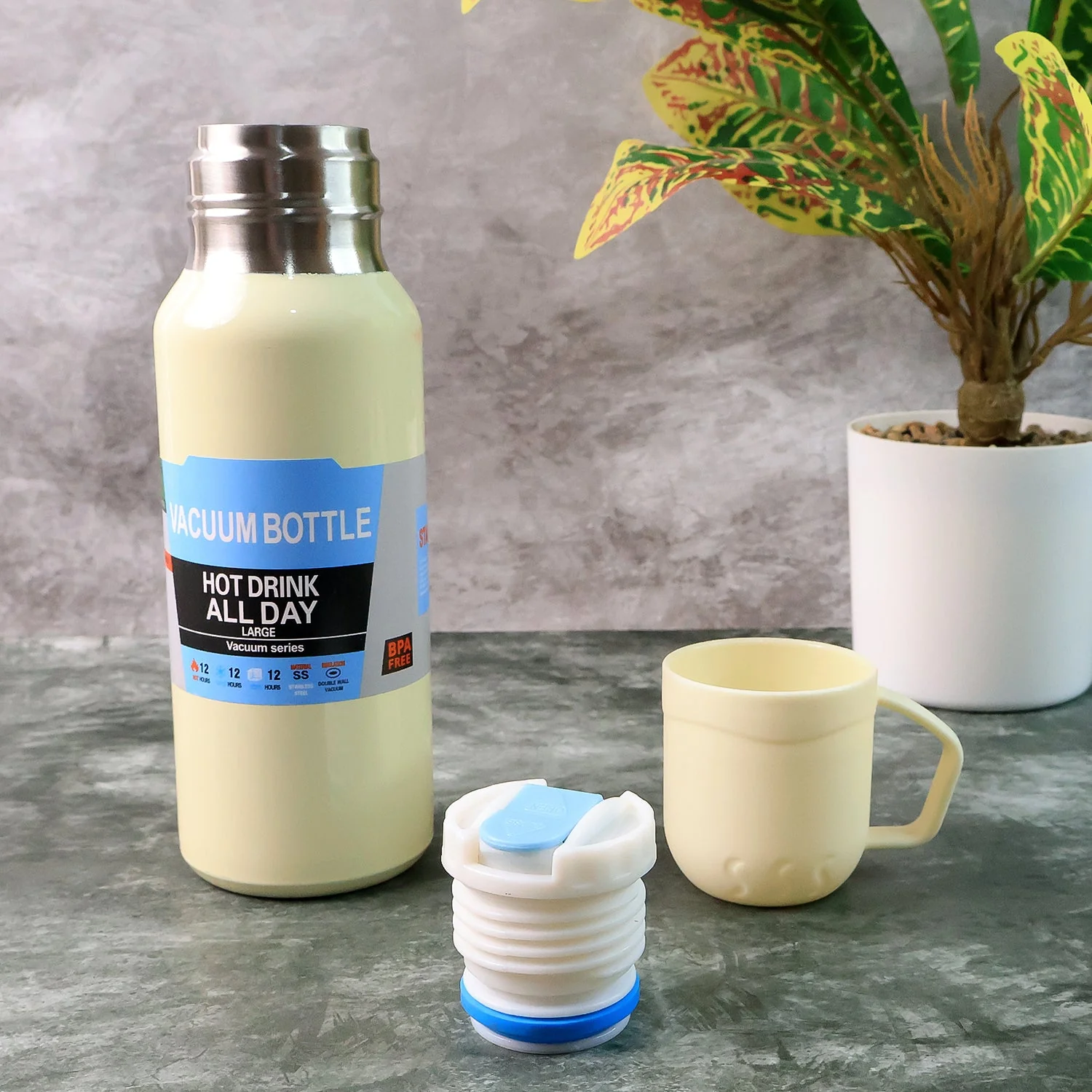 White Vacuum Flask Set – Stainless Steel Thermos with 3 Cups, Approx 500ml - Image 3