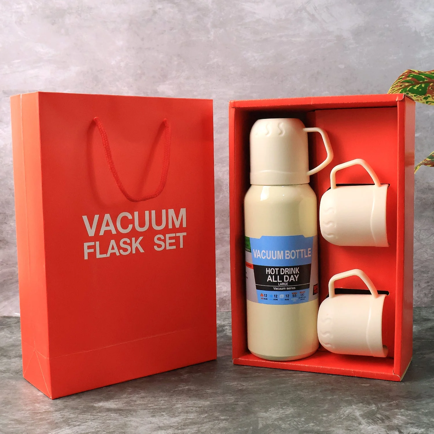 White Vacuum Flask Set – Stainless Steel Thermos with 3 Cups, Approx 500ml - Image 4