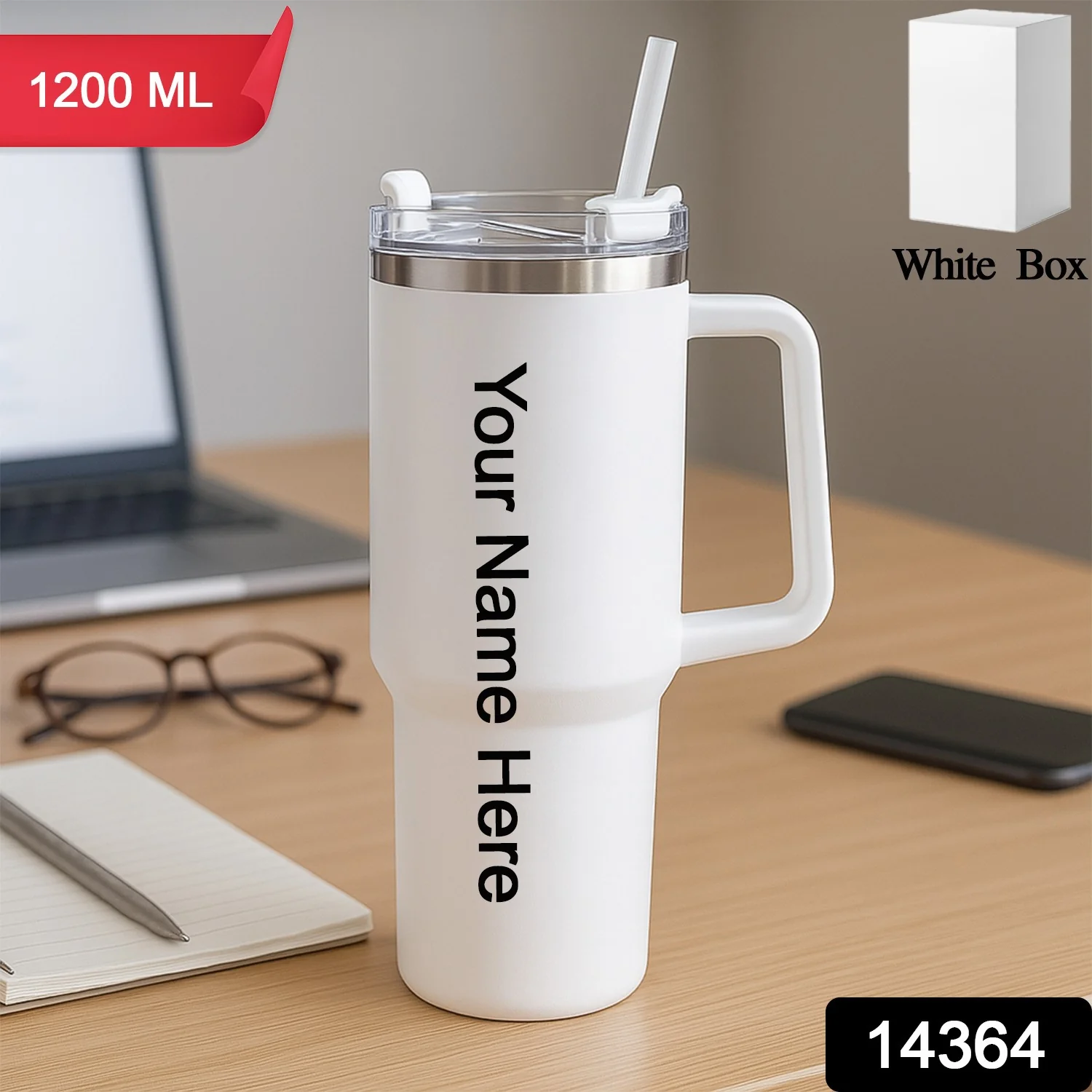 Customize / personalized White Large Insulated Travel Mug, Tumbler (1200ML - 1 Pc) - Image 2