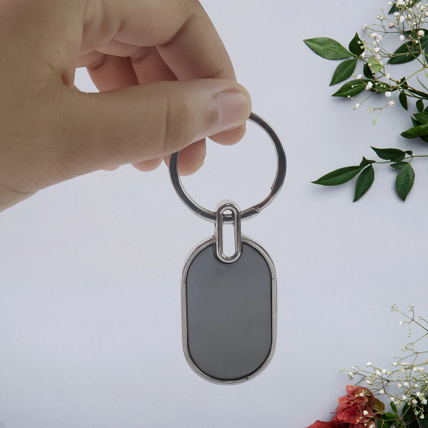 Customized / Personalized Elegant Black & Silver Oval Metal Keychain (1 Pc) - Image 3