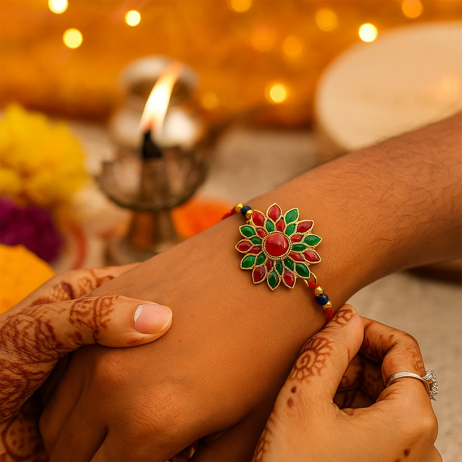 Red and Green Colored Stone flower design Rakhi - Image 3