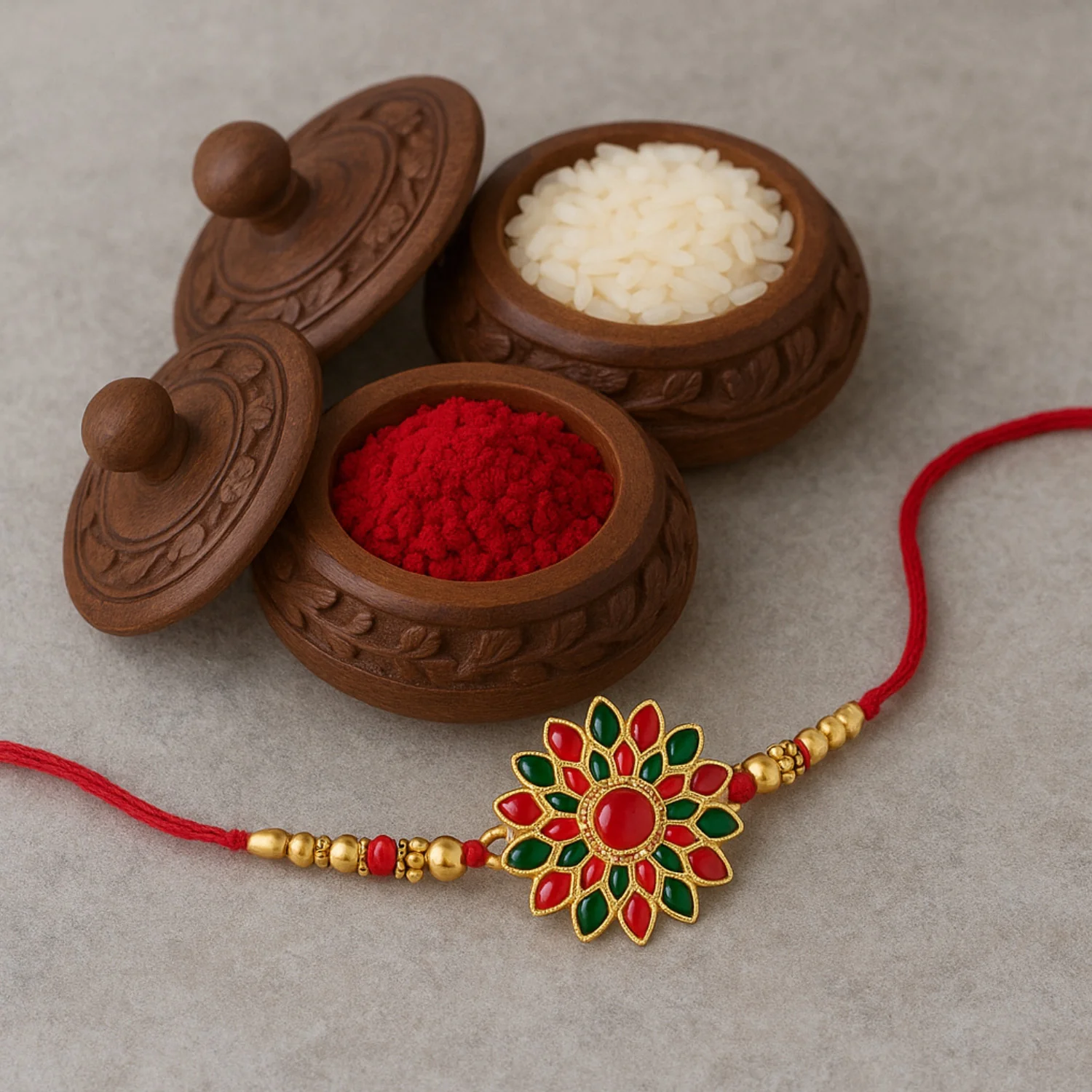 Red and Green Colored Stone flower design Rakhi - Image 4