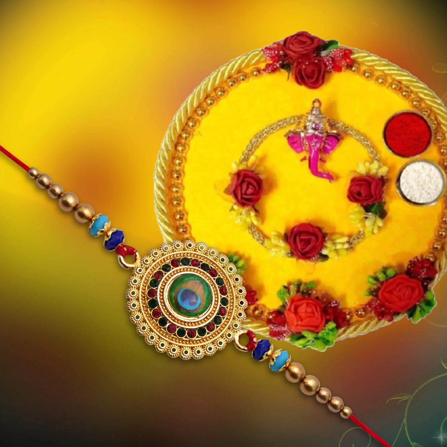 Traditional Flower Design Golden Rakhi - Image 3