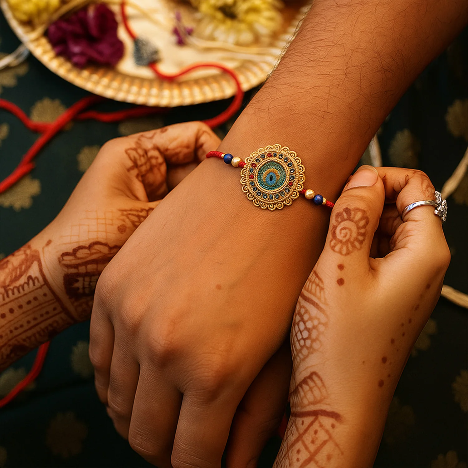 Traditional Flower Design Golden Rakhi - Image 4
