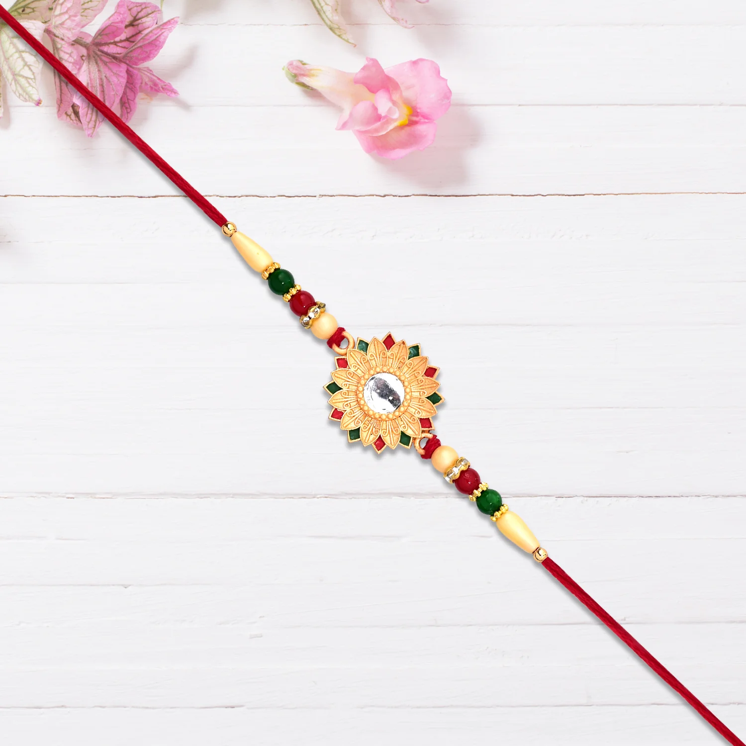 Floral Rakhi with Mirror Centerpiece - Image 4