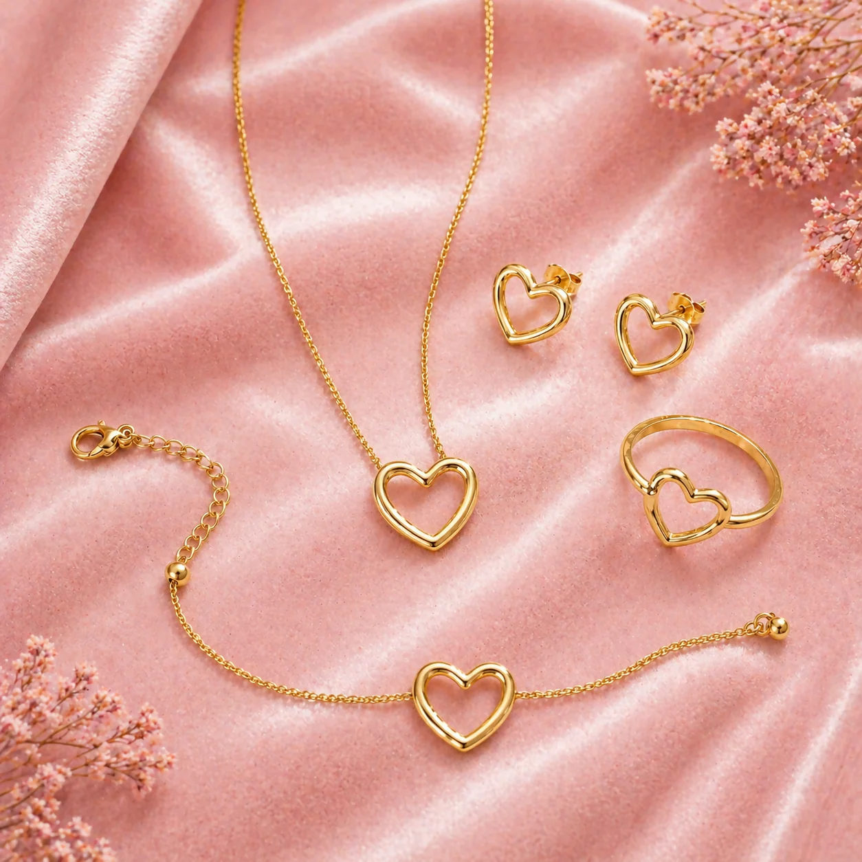 Women Anti Tarnish Gold Heart Jewellery Set Combo | Necklace, Earrings, Bracelet & Ring | Waterproof Korean Stylish Jewellery - Image 2