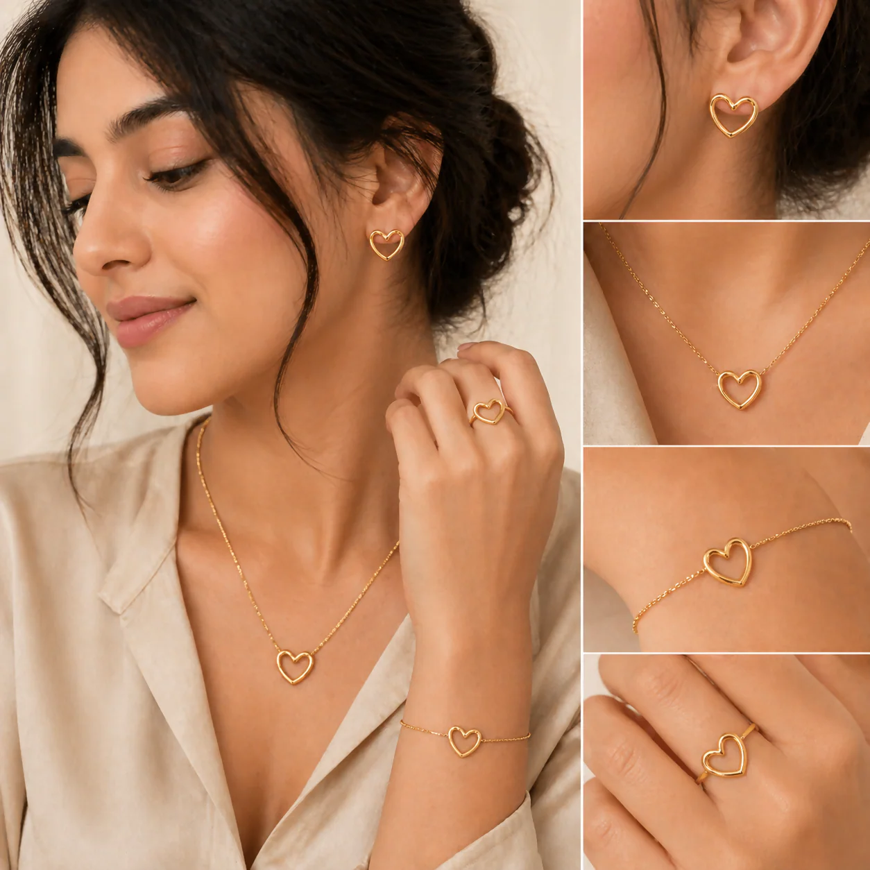 Women Anti Tarnish Gold Heart Jewellery Set Combo | Necklace, Earrings, Bracelet & Ring | Waterproof Korean Stylish Jewellery - Image 4