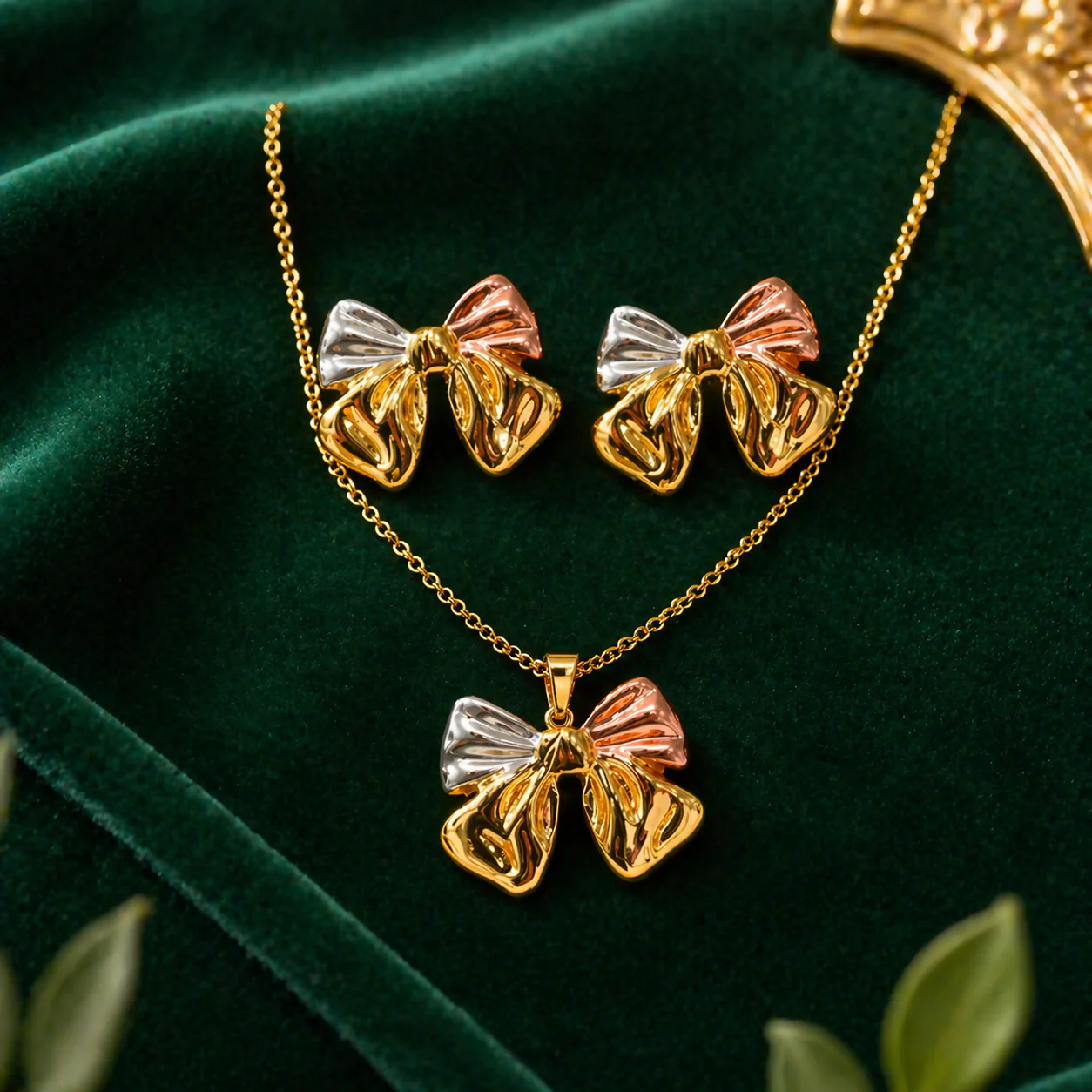 Women Anti Tarnish Gold Plated Bow Necklace Set with Earrings | Premium Waterproof Korean Jewellery - Image 2