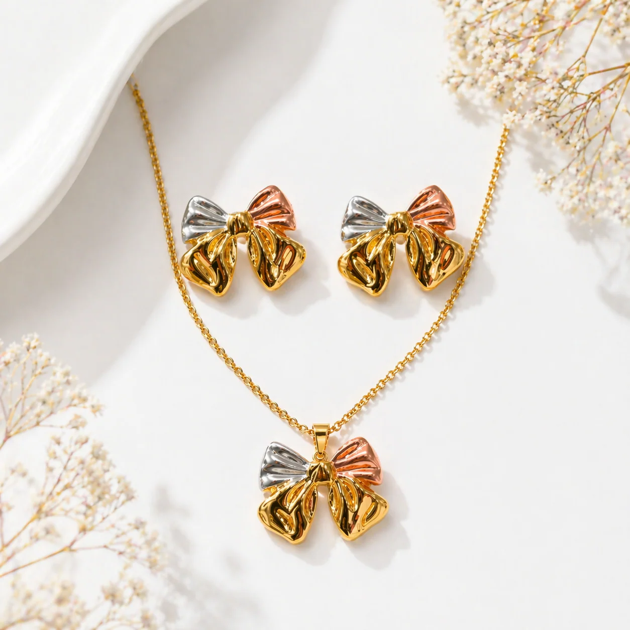 Women Anti Tarnish Gold Plated Bow Necklace Set with Earrings | Premium Waterproof Korean Jewellery - Image 3