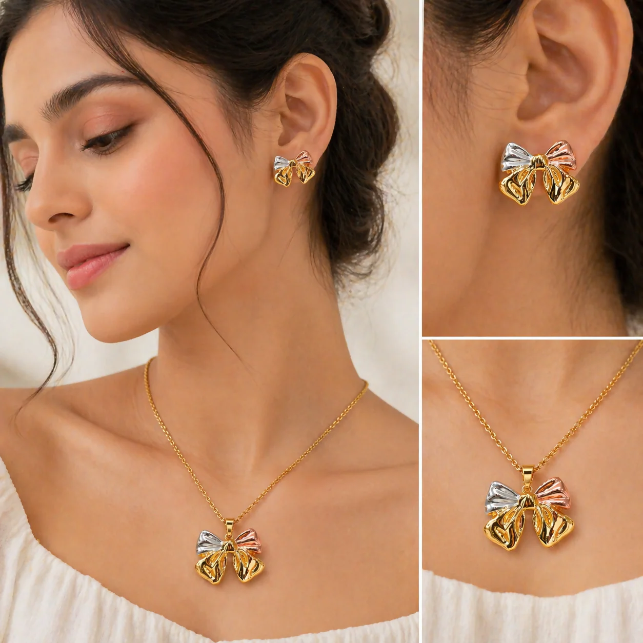 Women Anti Tarnish Gold Plated Bow Necklace Set with Earrings | Premium Waterproof Korean Jewellery - Image 4