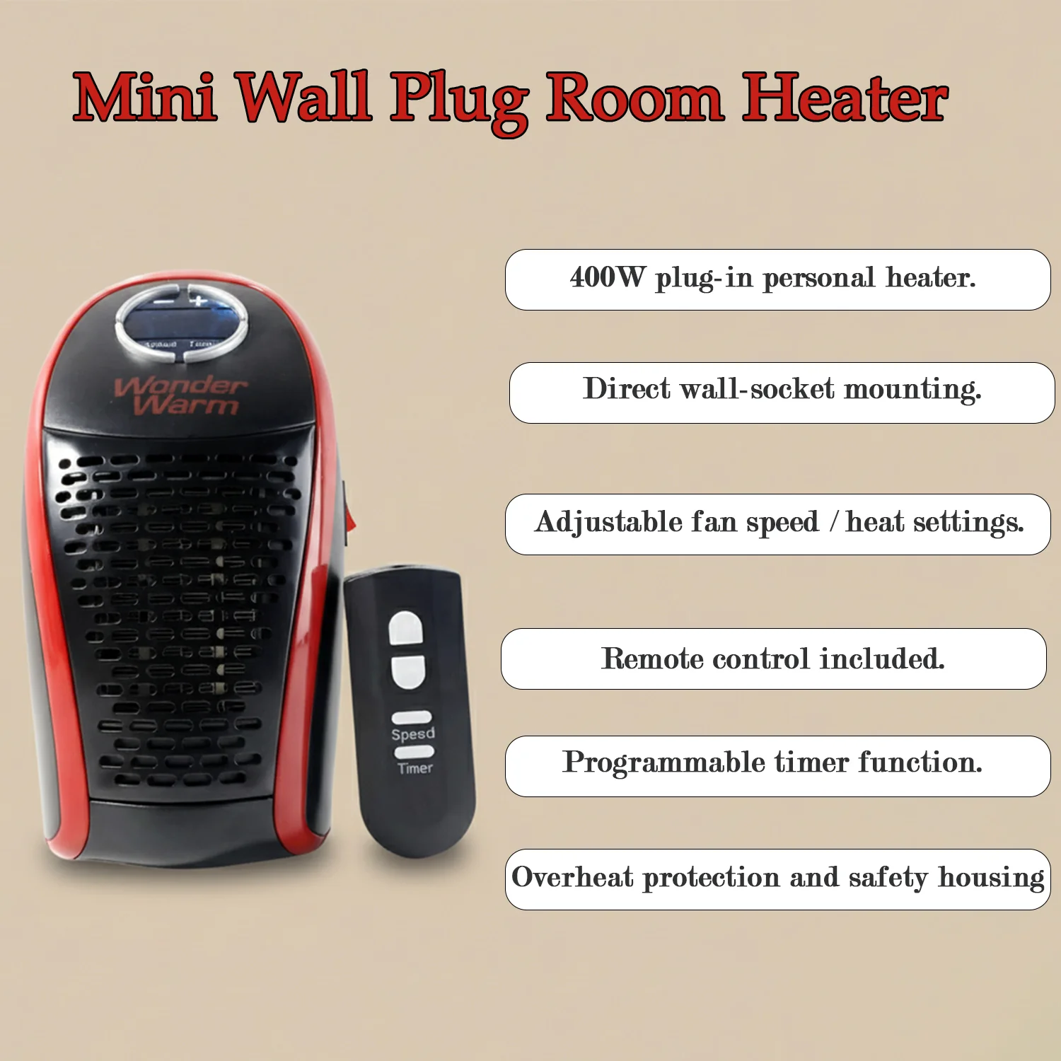 Wonder Warm 400W Wall Plug Room Heater with Remote Control (1 Pc) - Image 4