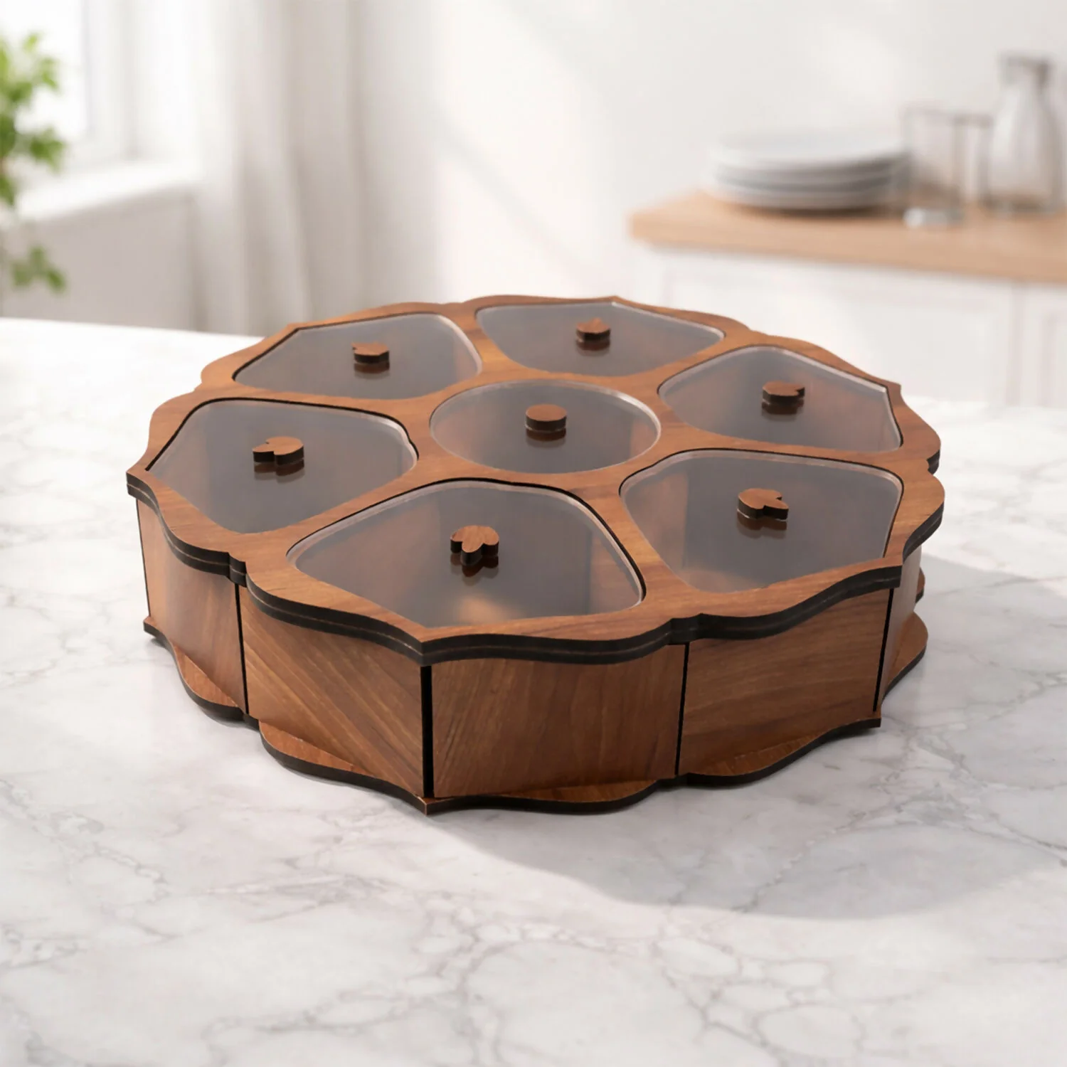 Wooden 7-Section Dry Fruit Storage Box with Transparent Lids - Image 2