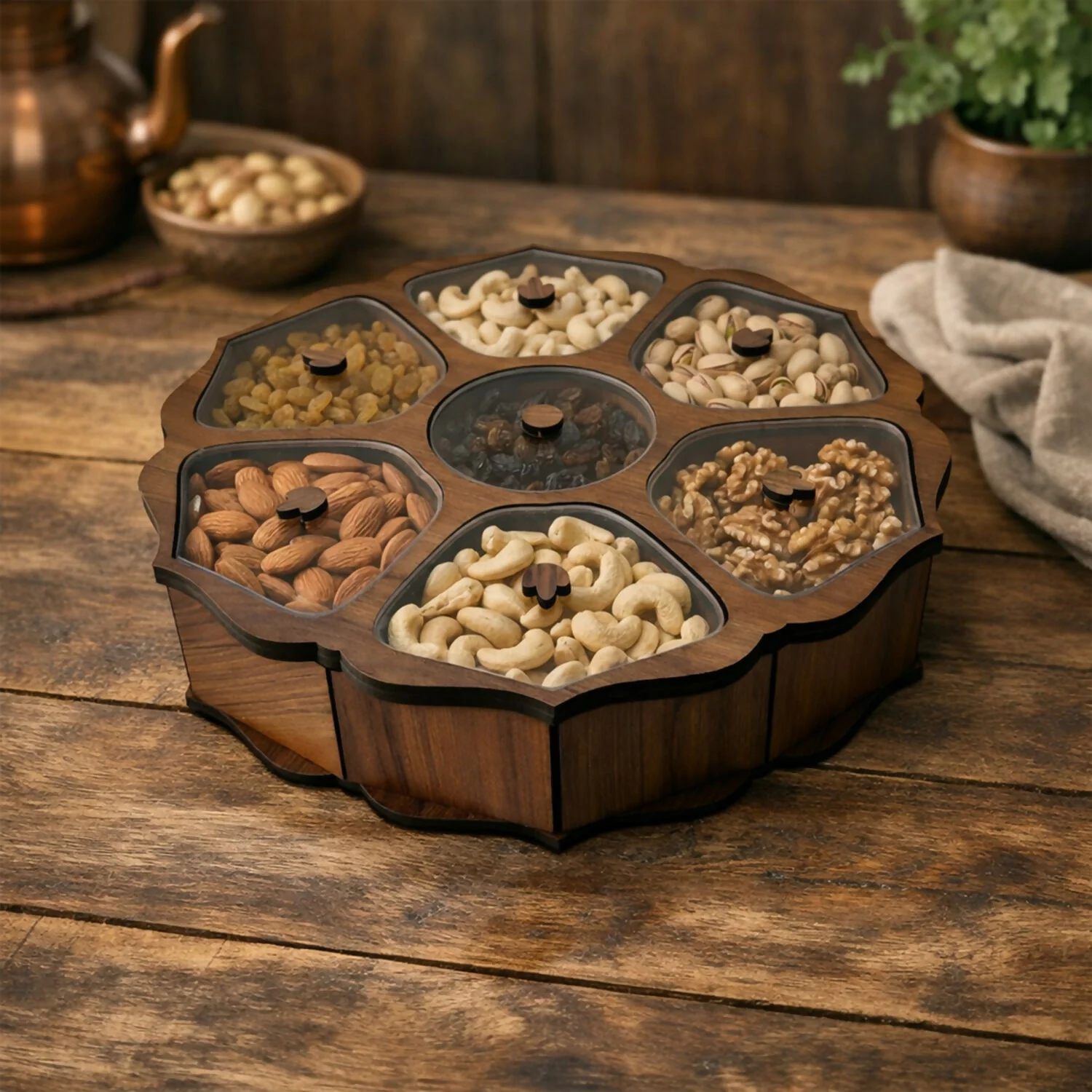 Wooden 7-Section Dry Fruit Storage Box with Transparent Lids - Image 3
