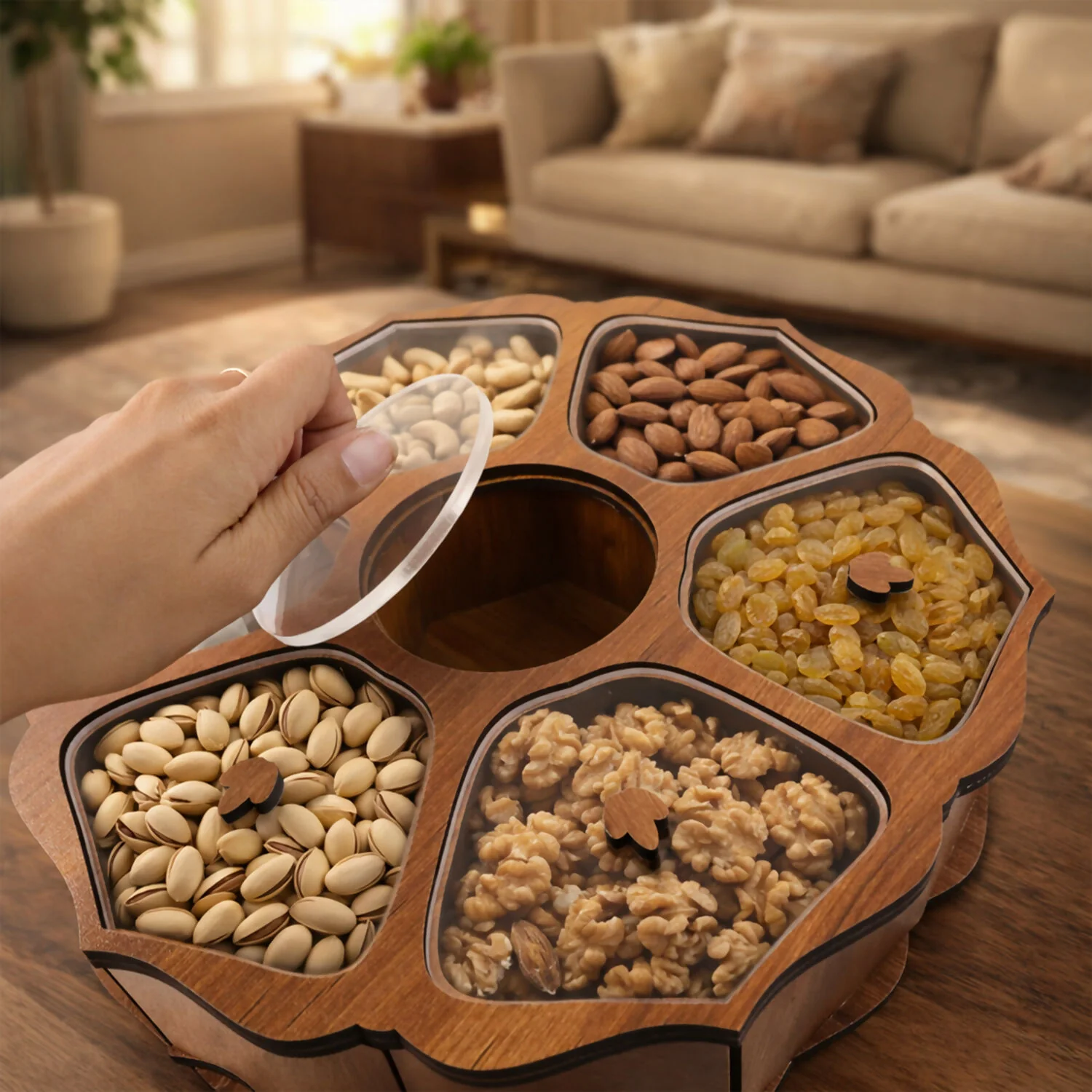 Wooden 7-Section Dry Fruit Storage Box with Transparent Lids - Image 4