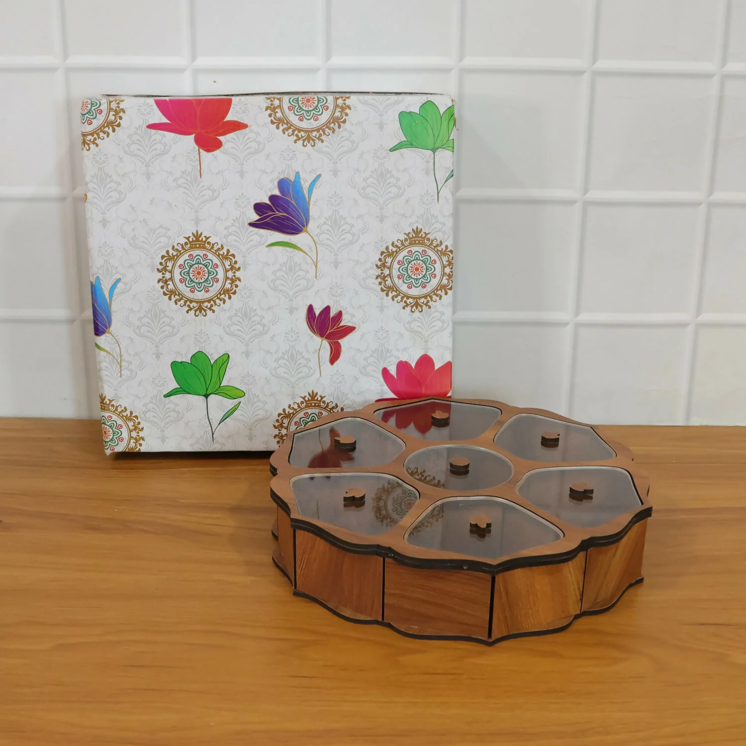 Wooden 7-Section Dry Fruit Storage Box with Transparent Lids - Image 6