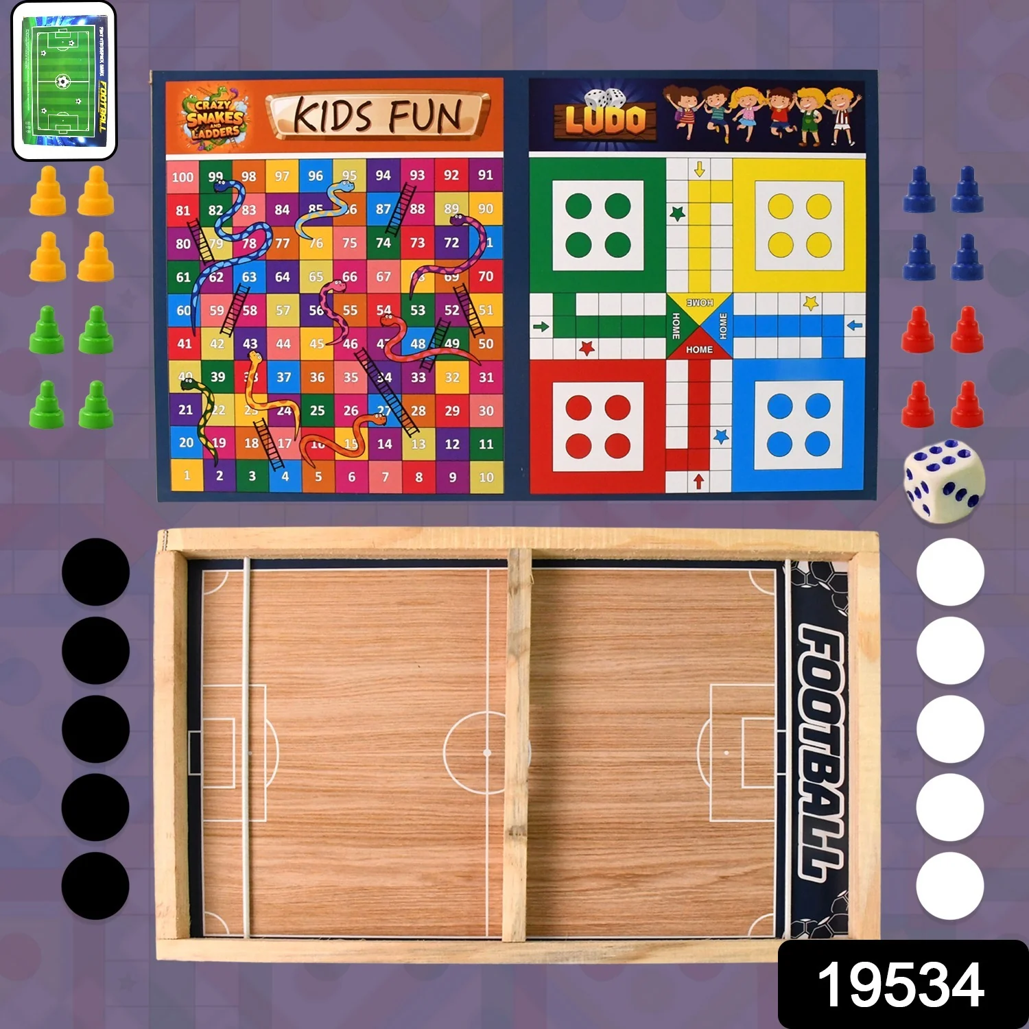 Wooden Board Game Set – Ludo, Snakes & Ladders, and Desktop Football (3-in-1) - Image 2