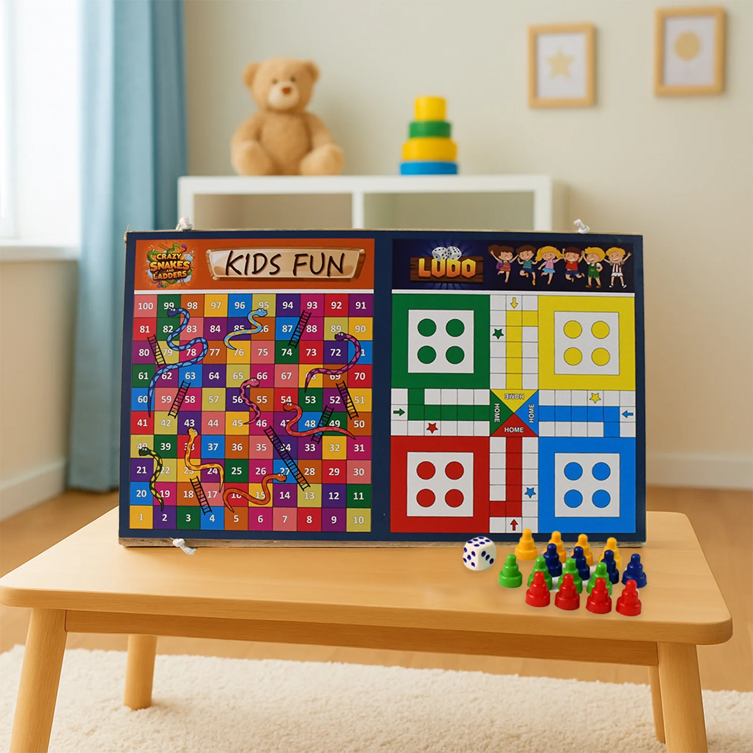 Wooden Board Game Set – Ludo, Snakes & Ladders, and Desktop Football (3-in-1) - Image 3