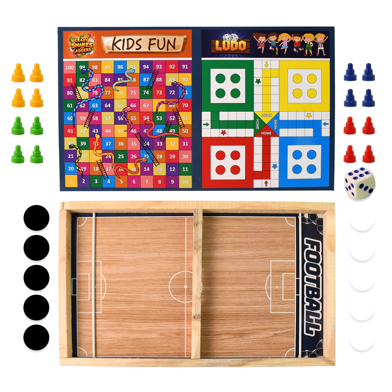 Wooden Board Game Set – Ludo, Snakes & Ladders, and Desktop Football (3-in-1) - Image 4